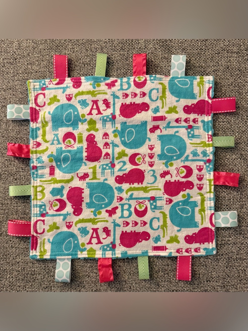 NEW hand-sewn Taggie blanket - ABC/123/Elephant/Rhino